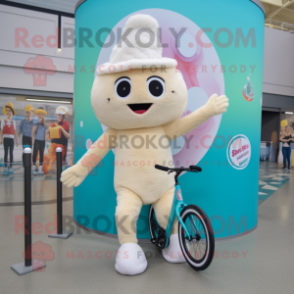 Cream Unicyclist mascot costume character dressed with a Bikini and Mittens