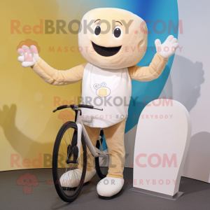 Cream Unicyclist mascot costume character dressed with a Bikini and Mittens