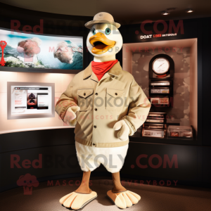 Beige Geese mascot costume character dressed with a Coat and Bracelets