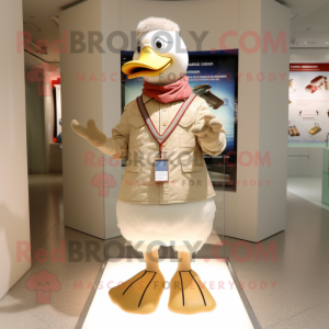 Beige Geese mascot costume character dressed with a Coat and Bracelets