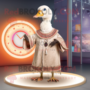 Beige Geese mascot costume character dressed with a Coat and Bracelets