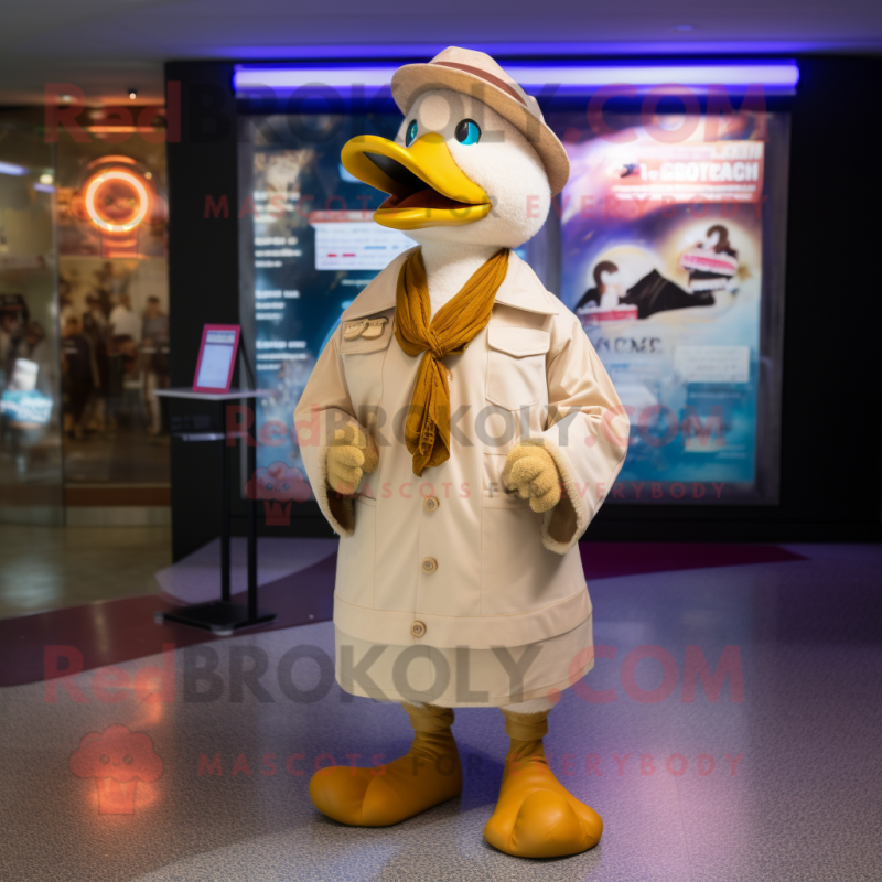Beige Geese mascot costume character dressed with a Coat and Bracelets Beige Geese mascot costume character dressed with a Coat and Bracelets