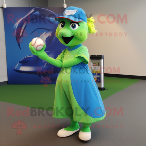 Lime Green Blue Jay mascot costume character dressed with a Ball Gown and Caps