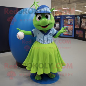 Lime Green Blue Jay mascot costume character dressed with a Ball Gown and Caps