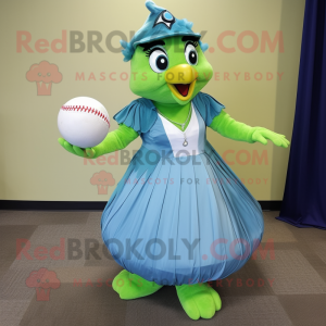 Lime Green Blue Jay mascot costume character dressed with a Ball Gown and Caps