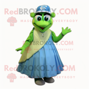 Lime Green Blue Jay mascot costume character dressed with a Ball Gown and Caps