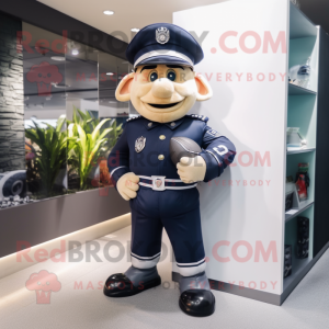 Navy Police Officer mascot costume character dressed with a Rugby Shirt and Clutch bags