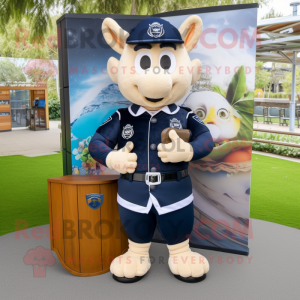 Navy Police Officer mascot costume character dressed with a Rugby Shirt and Clutch bags