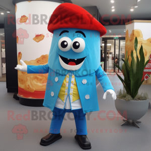 Sky Blue Pizza Slice mascot costume character dressed with a Waistcoat and Belts