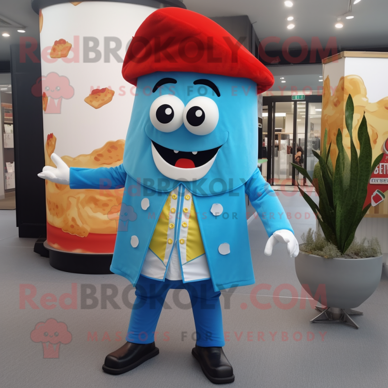 Sky Blue Pizza Slice mascot costume character dressed with a Waistcoat and Belts Sky Blue Pizza Slice mascot costume character dressed with a Waistcoat and Belts