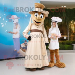 Beige Doctor mascot costume character dressed with a Maxi Dress and Cummerbunds