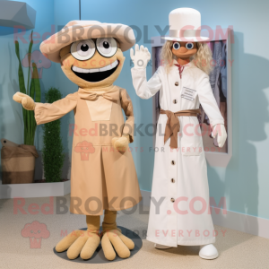 Beige Doctor mascot costume character dressed with a Maxi Dress and Cummerbunds