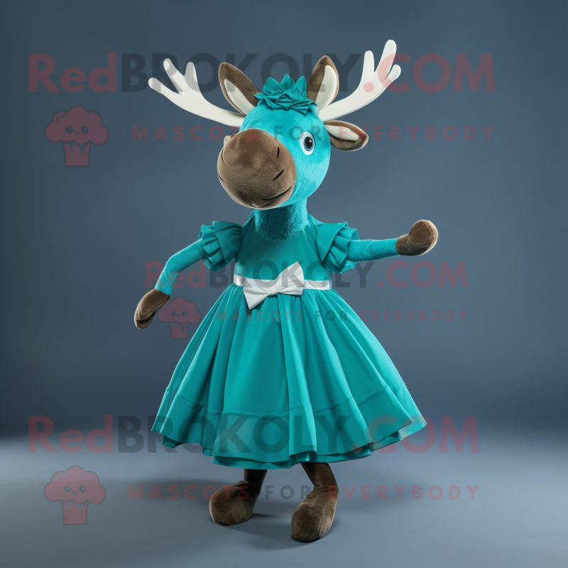 Cyan Irish Elk mascot costume character dressed with a Circle Skirt and Bow ties