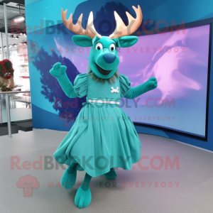 Cyan Irish Elk mascot costume character dressed with a Circle Skirt and Bow ties