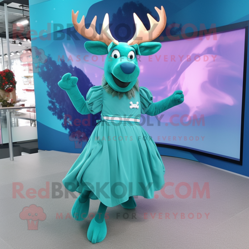 Cyan Irish Elk mascot costume character dressed with a Circle Skirt and Bow ties Cyan Irish Elk mascot costume character dressed with a Circle Skirt and Bow ties