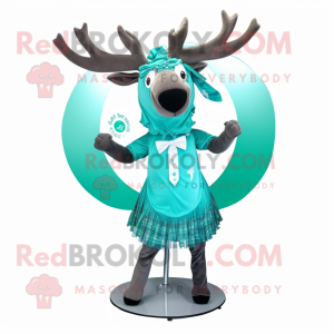 Cyan Irish Elk mascot costume character dressed with a Circle Skirt and Bow ties