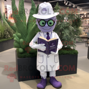 Lavender Zucchini mascot costume character dressed with a Oxford Shirt and Reading glasses