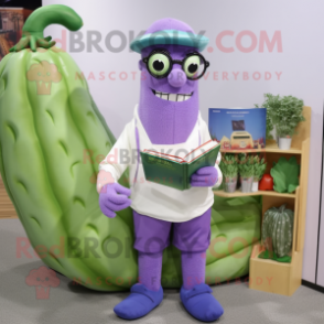 Lavender Zucchini mascot costume character dressed with a Oxford Shirt and Reading glasses