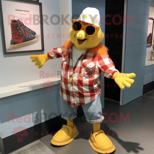 Cream Butter Chicken mascot costume character dressed with a Flannel Shirt and Anklets