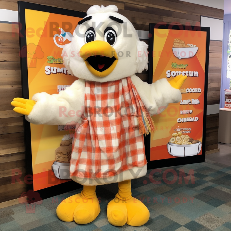 Cream Butter Chicken mascot costume character dressed with a Flannel Shirt and Anklets Cream Butter Chicken mascot costume character dressed with a Flannel Shirt and Anklets