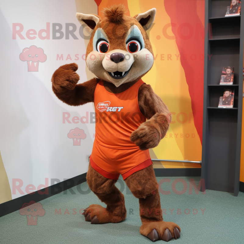 Rust Chupacabra mascot costume character dressed with a Running Shorts and Mittens Rust Chupacabra mascot costume character dressed with a Running Shorts and Mittens
