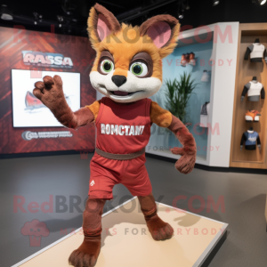 Rust Chupacabra mascot costume character dressed with a Running Shorts and Mittens