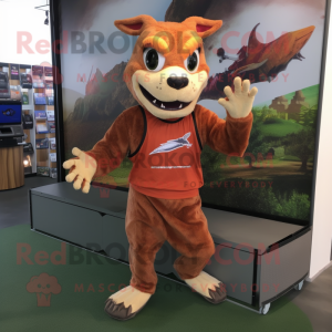 Rust Chupacabra mascot costume character dressed with a Running Shorts and Mittens