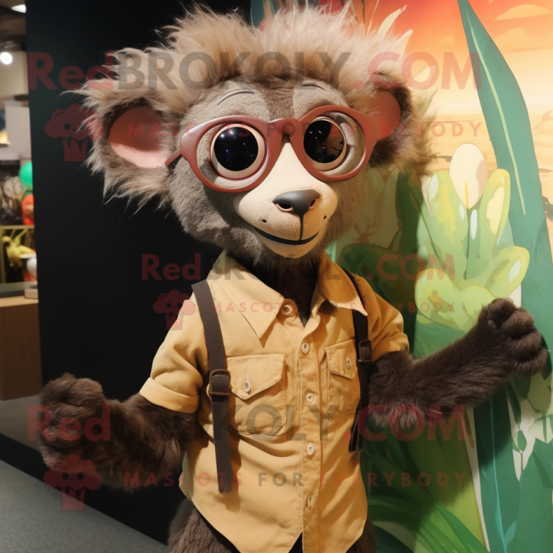 Brown Aye-Aye mascot costume character dressed with a Mini Dress and Eyeglasses