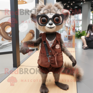Brown Aye-Aye mascot costume character dressed with a Mini Dress and Eyeglasses