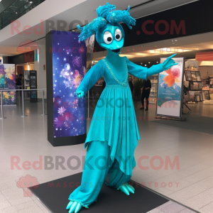 Turquoise Stilt Walker mascot costume character dressed with a Evening Gown and Earrings