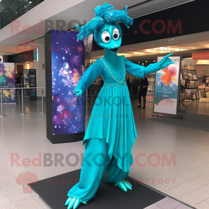 Turquoise Stilt Walker mascot costume character dressed with a Evening Gown and Earrings Turquoise Stilt Walker mascot costume character dressed with a Evening Gown and Earrings