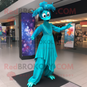 Turquoise Stilt Walker mascot costume character dressed with a Evening Gown and Earrings