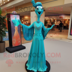 Turquoise Stilt Walker mascot costume character dressed with a Evening Gown and Earrings