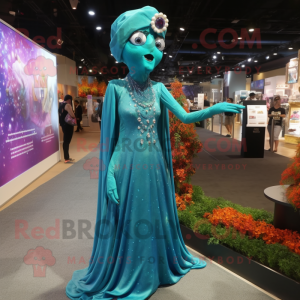 Turquoise Stilt Walker mascot costume character dressed with a Evening Gown and Earrings