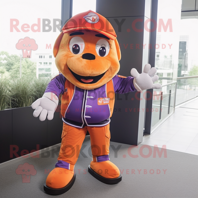 Purple Orange mascot costume character dressed with a Jacket and Caps Purple Orange mascot costume character dressed with a Jacket and Caps