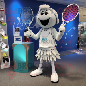 Silver Tennis Racket mascot costume character dressed with a Bermuda Shorts and Earrings