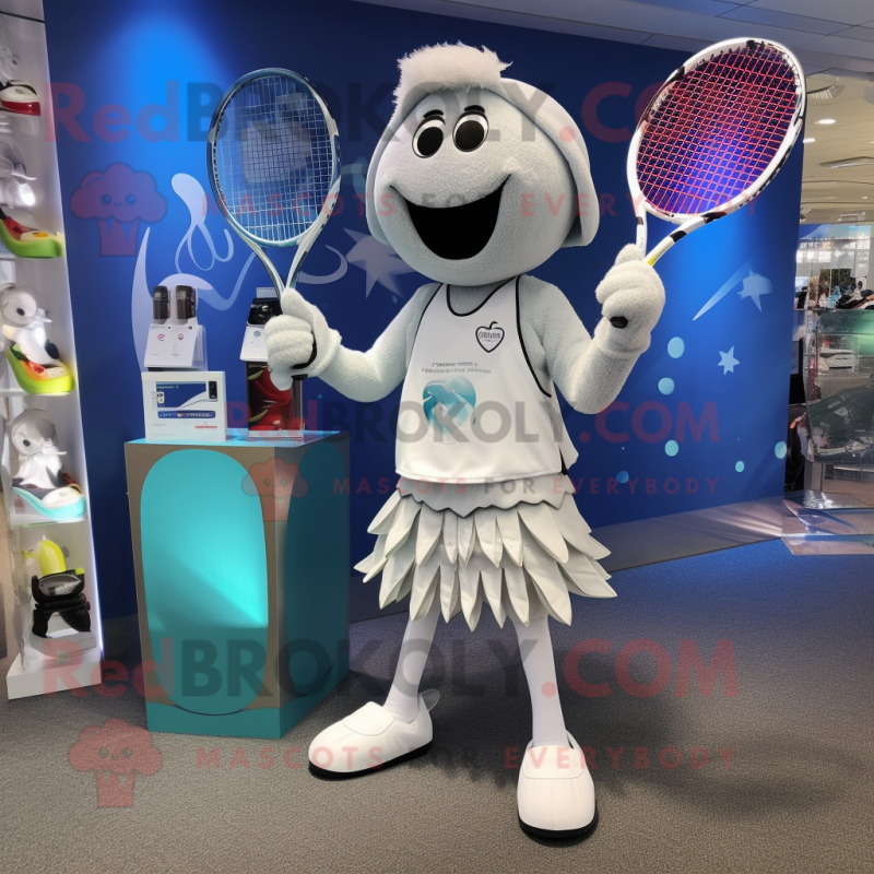 Silver Tennis Racket mascot costume character dressed with a Bermuda Shorts and Earrings Silver Tennis Racket mascot costume character dressed with a Bermuda Shorts and Earrings