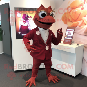 Maroon Lizard mascot costume character dressed with a Suit and Keychains