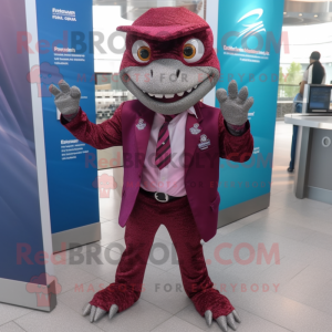 Maroon Lizard mascot costume character dressed with a Suit and Keychains