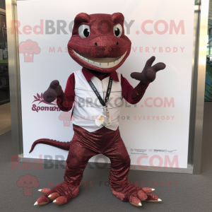 Maroon Lizard mascot costume character dressed with a Suit and Keychains
