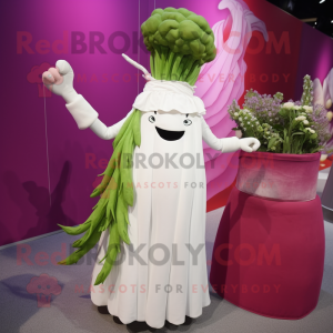 Magenta Asparagus mascot costume character dressed with a Wedding Dress and Gloves