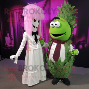 Magenta Asparagus mascot costume character dressed with a Wedding Dress and Gloves