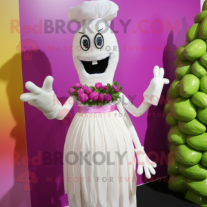 Magenta Asparagus mascot costume character dressed with a Wedding Dress and Gloves