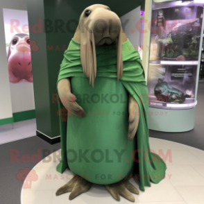 Forest Green Walrus mascot costume character dressed with a Sheath Dress and Scarf clips