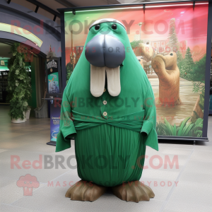 Forest Green Walrus mascot costume character dressed with a Sheath Dress and Scarf clips