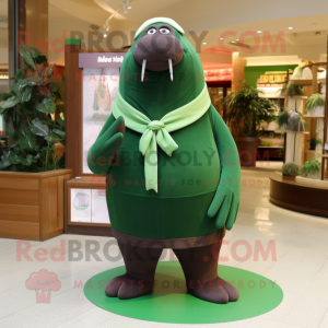 Forest Green Walrus mascot costume character dressed with a Sheath Dress and Scarf clips