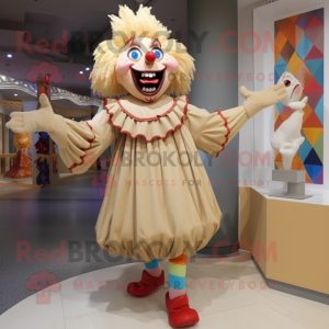 Beige Clown mascot costume character dressed with a Mini Dress and Clutch bags