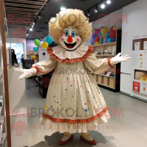 Beige Clown mascot costume character dressed with a Mini Dress and Clutch bags