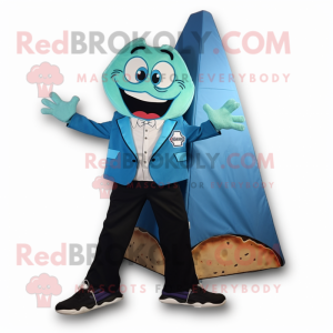 Cyan Pizza Slice mascot costume character dressed with a Suit Jacket and Shoe clips