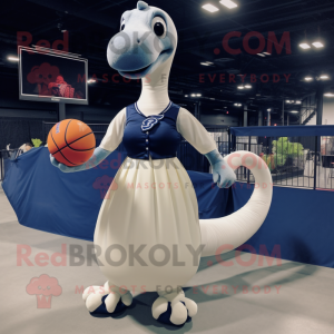 Navy Diplodocus mascot costume character dressed with a Ball Gown and Backpacks